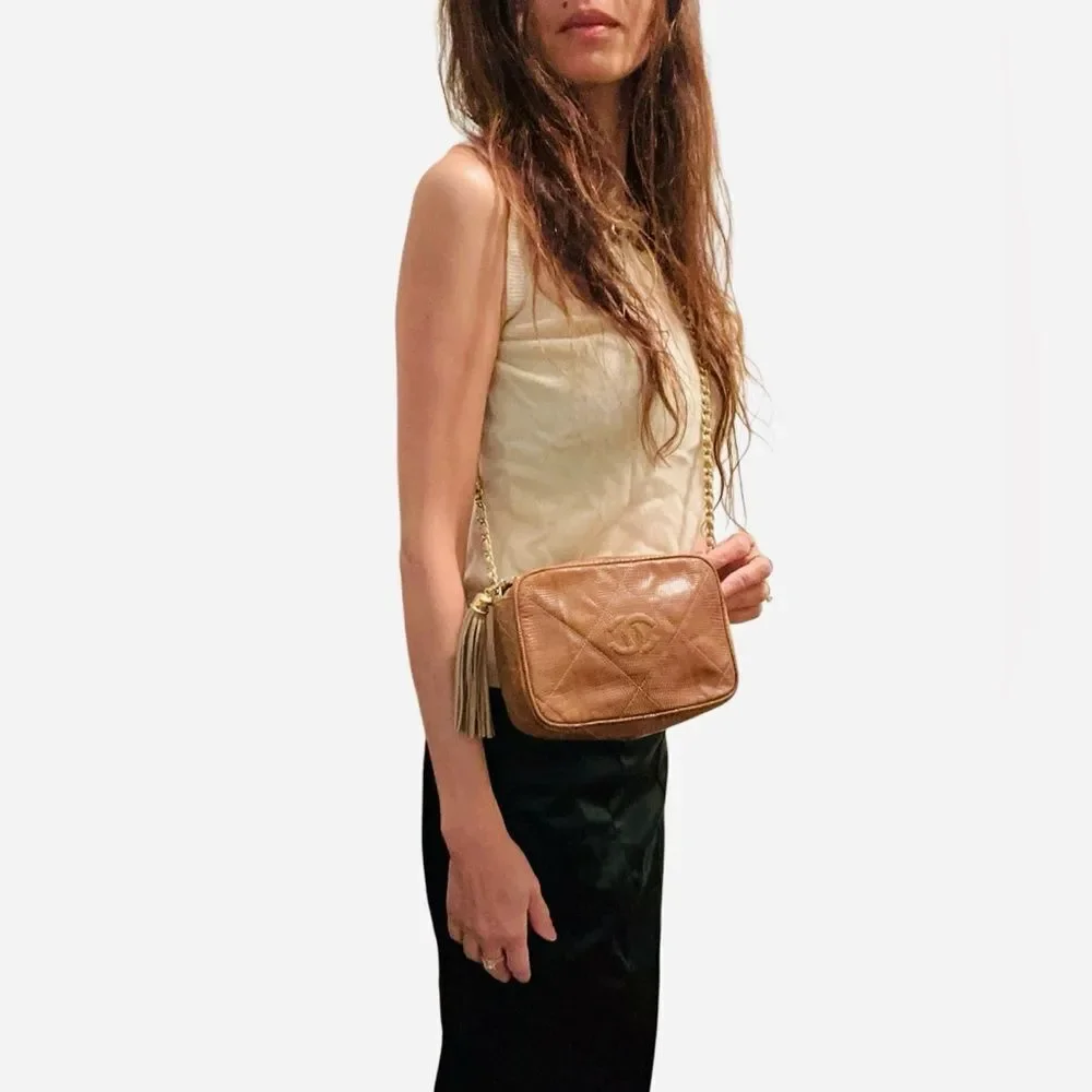 CHANEL Tan Leather Crossbody Bag with Gold Chain